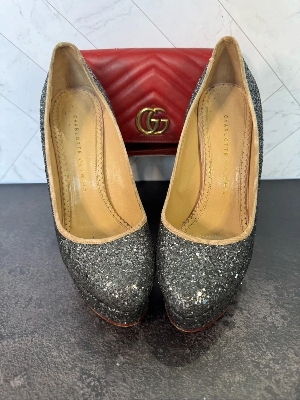 Charlotte Olympia Grey Glitter Dolly Platform Pumps Heels, Size 38